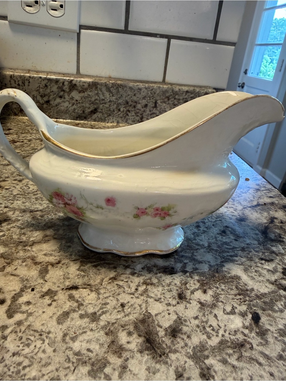 Used Porcelain Floral Gravy Boat with Gold Trim